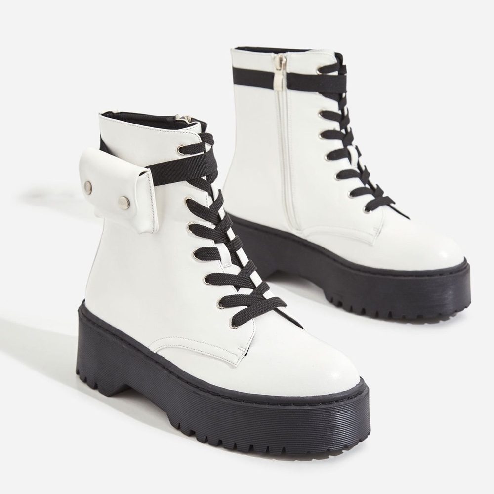 White Leather Combat Moto Boots